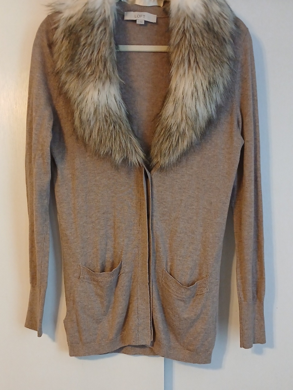 LOFT Taupe Cardigan with Removable Faux Fur Trim in Size S
